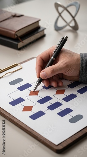 Hand with pen marking a flowchart on paper with notebooks and desk sculpture