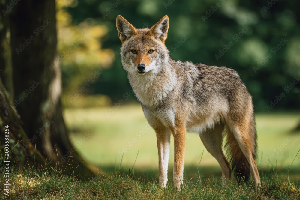 Fototapeta premium Coyote standing in grassy field with trees and soft light