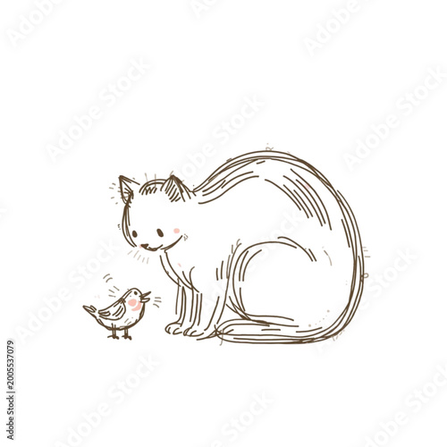 Cat with bird naive sketch vector illustration