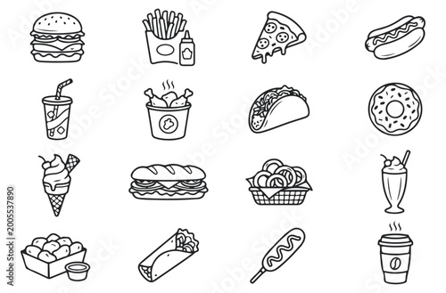 Collection of fast food icons including burgers, pizza, tacos, and drinks