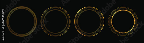 Set of four elegant golden circular frames on black background. Decorative round borders featuring dots and geometric lines for luxury invitations, certificates, and premium awards design.