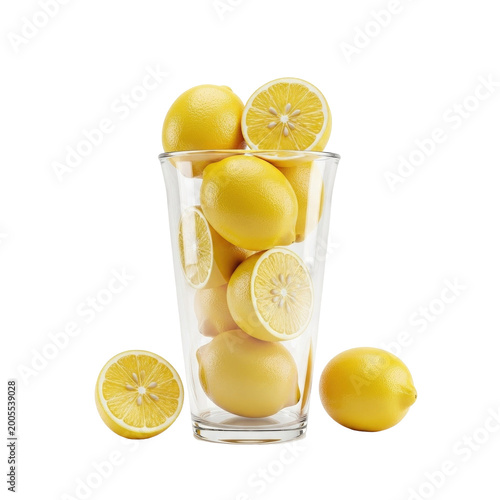 Fresh Lemons in a Clear Glass with Sliced Lemon for Culinary or Refreshing Use