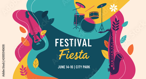Bild auf Leinwand Vibrant flat design poster for a 'Festival Fiesta' music event at City Park, featuring a guitar, drums, and saxophone amidst abstract colorful shapes and botanical elements