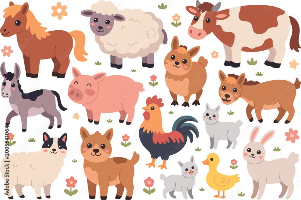 Fototapeta premium Cute cartoon animal set farm and zoo characters dog cat cow horse pig rabbit lion elephant sheep vector illustration