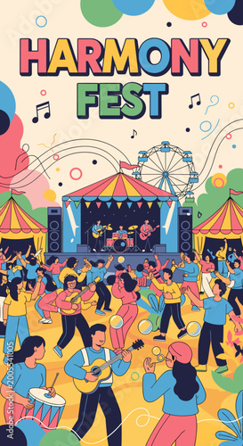 Φωτογραφία A colorful illustration of a lively outdoor music festival with a band performing on stage, people dancing, and playing instruments under a festive banner