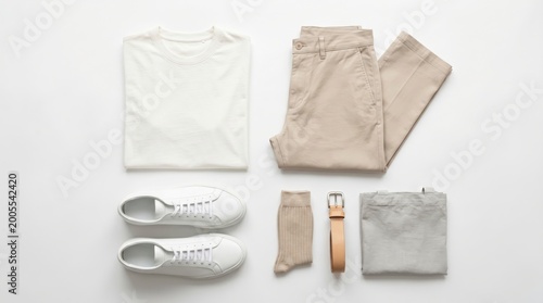 A neatly arranged collection of casual clothing and accessories on a plain surface includes shoes, pants, shirt, socks, and a belt.