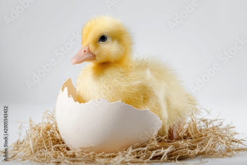 Newborn yellow duckling hatching from egg in straw nest