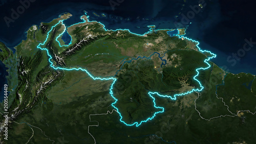 Satellite Map of Venezuela with Glowing Neon Border Outline