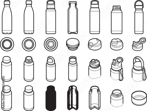 A collection of modern sleek water bottles, diverse shapes and design, ideal for hydration and an active lifestyle.