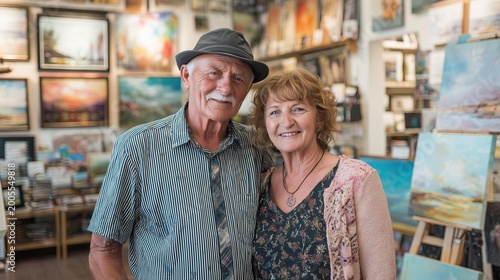 Elderly couple smiling in art gallery close-up portrait