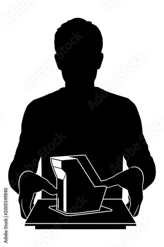 Silhouette of a person holding a large heavy rectangular box