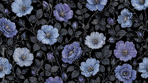 Seamless dark floral pattern with vintage blue and purple flowers on black background
