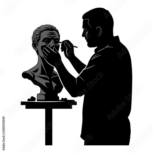 Fotografia Sculptor working on a classical bust with artistic tools in a graphic illustrati