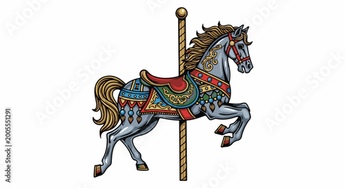Ornate carousel horse illustration, in gray with golden mane and decorated saddle