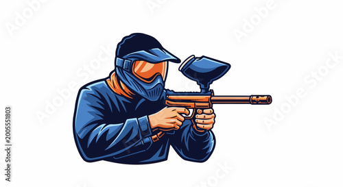 Person in protective gear holding a paintball gun, aiming forward