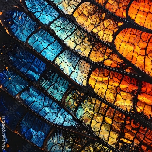 A vibrant, abstract depiction of colorful, cracked, and layered surfaces