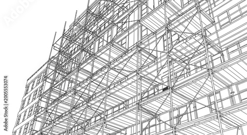 Construction scaffolding on building facade line art illustration