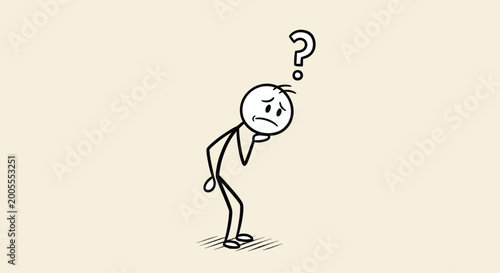 Fotografía Confused stick figure person with question mark above head, expressing doubt or uncertainty