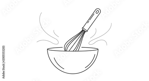 Obraz na plátně Hand whisk stirring ingredients in a mixing bowl, cooking baking process line art illustration