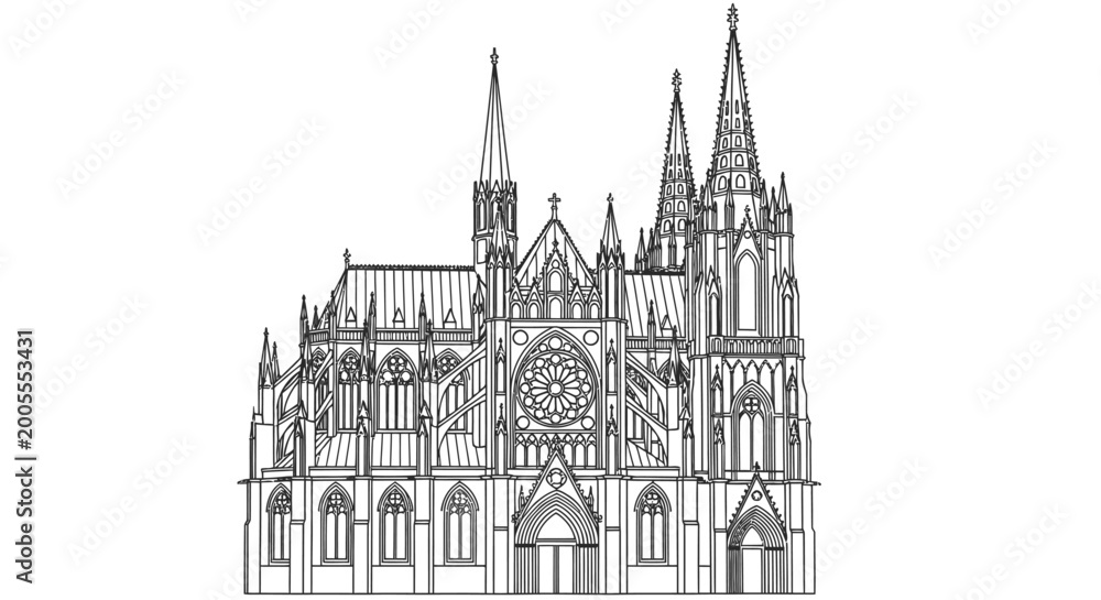 Fototapeta premium Detailed Gothic cathedral line drawing architecture illustration