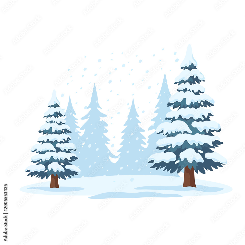 Obraz premium Winter pine forest with falling snow illustration