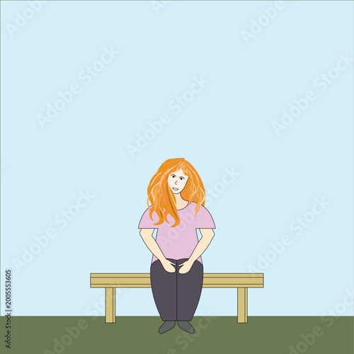 Girl sitting on a bench with her hands on her knees against a blue sky on green grass flat design stock vector illustration for web, for print