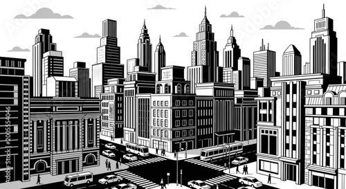 Black and white vintage comic style city street and skyscrapers