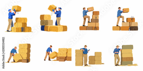 Fotografia Set of vector illustrations depicting farmers and agricultural workers stacking, lifting, and managing hay bales on a farm, isolated on white background