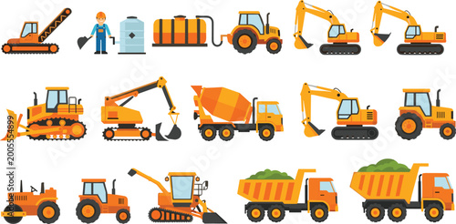 Cuadro en lienzo Construction vehicles and heavy machinery illustration featuring excavators, bul