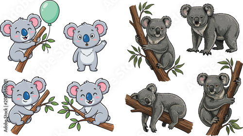 Photography Cute and Realistic Cartoon Koala Characters Collection with Tree Branches Illust