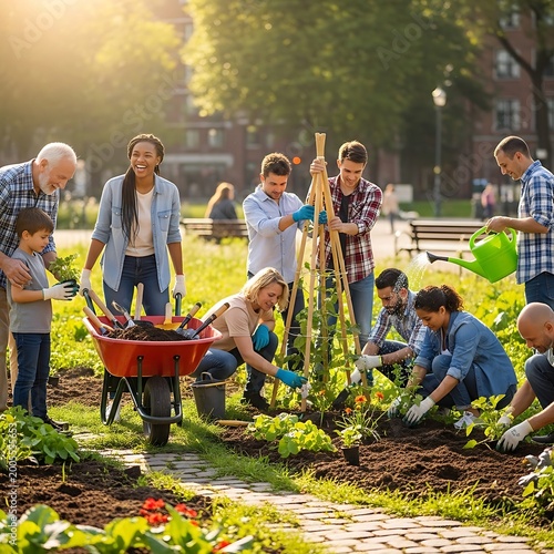 family gardening together outdoors.