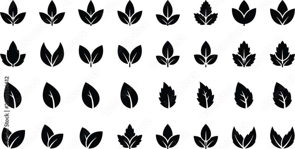 Fototapeta premium Set of professional black leaf icons and organic plant silhouettes for environmental branding natural product packaging and eco friendly graphic design projects