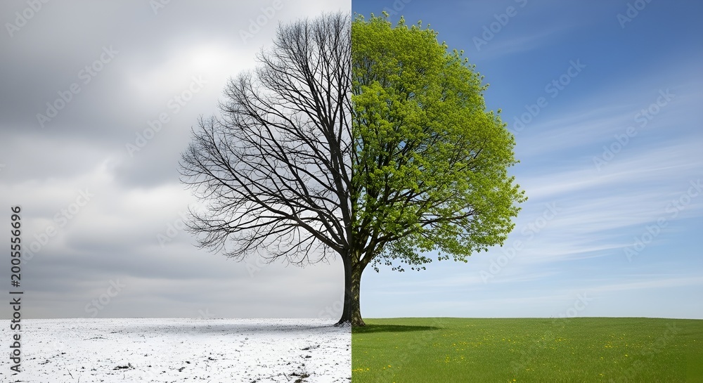 Fototapeta premium A striking visual representation of the four seasons embodied in a single tree showcasing nature's cyclical transformation