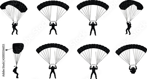Cuadro en lienzo Set of professional black paragliding and skydiving silhouettes featuring parach