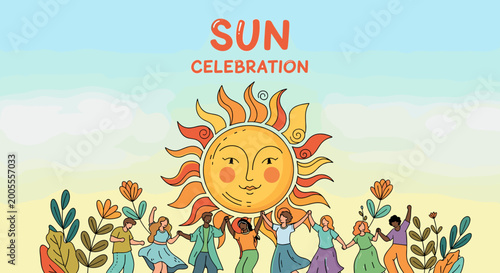 Canvastavla A vibrant illustration depicts a joyous sun celebration with diverse people dancing and holding hands under a cheerful sun