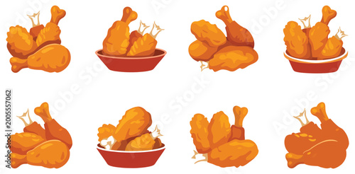 Crispy fried chicken drumstick leg and bucket cartoon illustration set, golden brown crunchy coating, fast food and takeaway concept, delicious meal icons, modern vector design isolated on white
