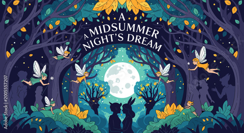Foto A whimsical illustration of a magical forest scene from Shakespeare's A Midsummer Night's Dream, featuring fairies, a full moon, and silhouetted characters