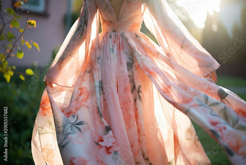 A flowing, floral-printed dress is billowing in the breeze outdoors. It appears to be a sunny day in a garden setting.