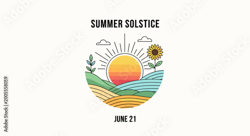 Canvastavla Illustration of the Summer Solstice on June 21st, featuring a vibrant sun, rolling hills, and a sunflower