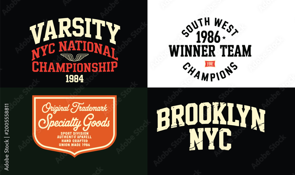 Fototapeta premium Vintage Varsity Championship Badge Set Brooklyn NYC Athletic Typography Vector for Apparel Design