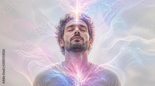 Man meditating with closed eyes and glowing energy in background  