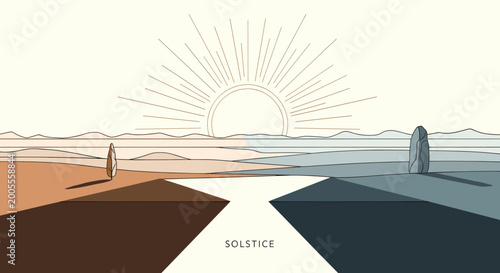 Tableau sur toile A minimalist illustration depicting the summer solstice with a sunburst over a landscape divided into warm and cool tones, symbolizing the longest day of the year