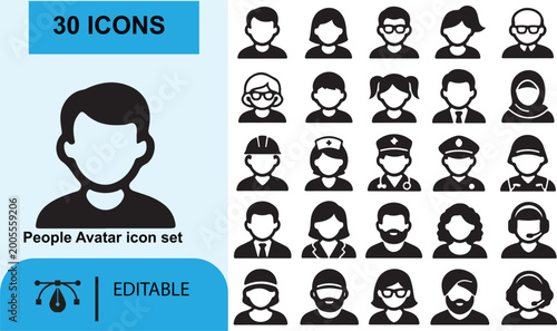 Set of simple black flat business people icons in vector style showing profiles of men and women for web and design use