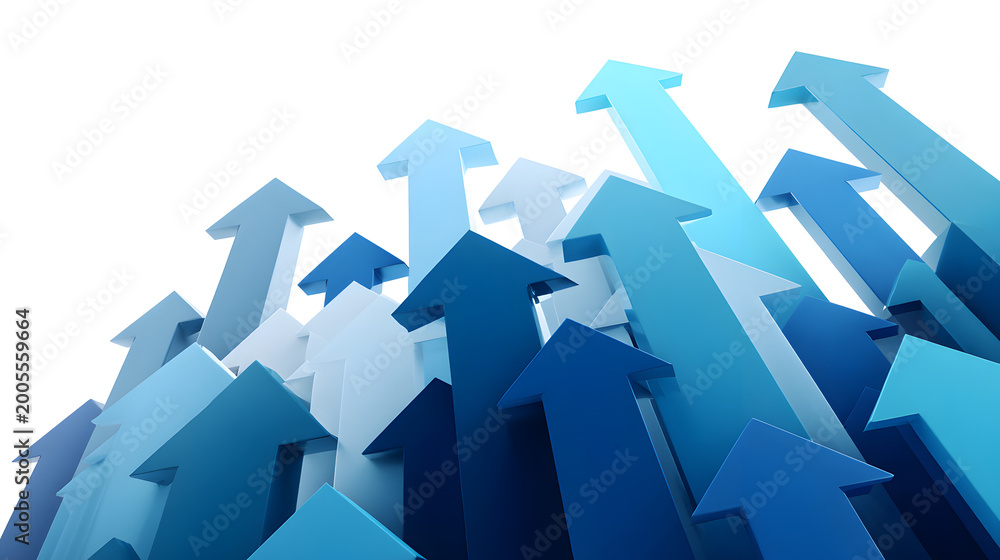 Fototapeta premium Dramatic low-angle view of numerous 3D upward-pointing blue arrows, symbolizing soaring growth, ambitious goals, and maximized potential, isolated on transparent background.