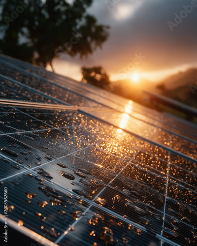Eco-Friendly Energy: A close-up view captures the intricate patterns of a solar panel glistening with raindrops, with a breathtaking sunset painted across the sky.