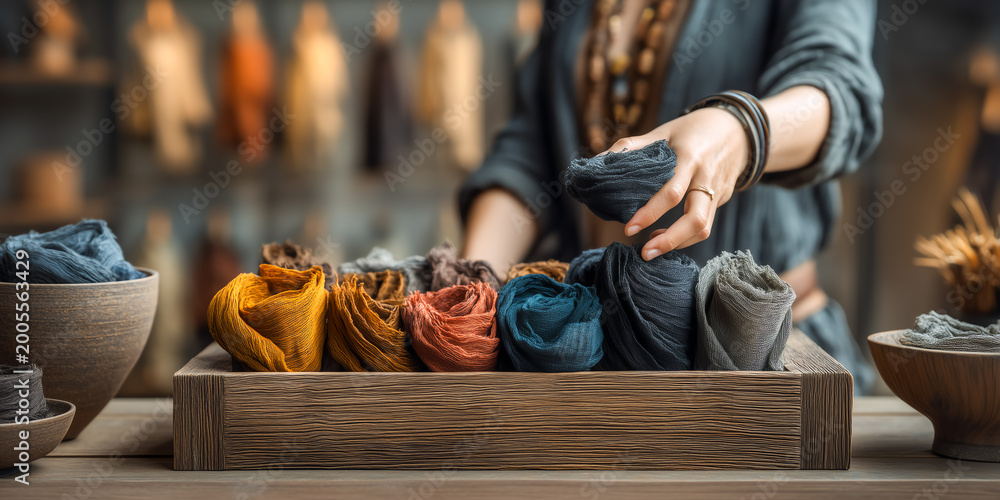 Obraz premium Close up hands touching recycled fabric samples in designer studio representing sustainable textile innovation and eco friendly fashion development concept