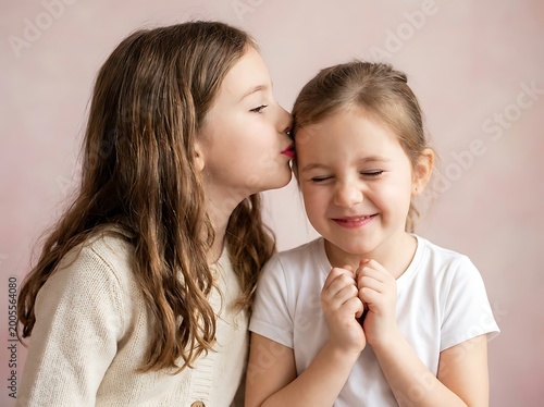 Portrait of young girl kissing her sister on forehead against soft background.