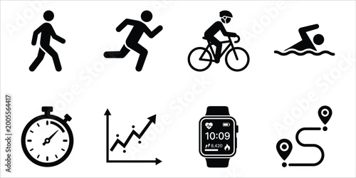 Fitness and activity tracking icons running cycling swimming and data analysis