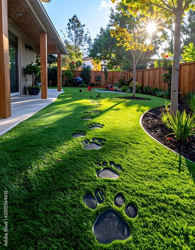 A well-manicured lawn with paw print stepping stones