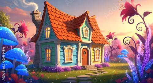 Whimsical Fairy Tale Cottage with Magical Glowing Mushrooms and Fantasy Flowers
